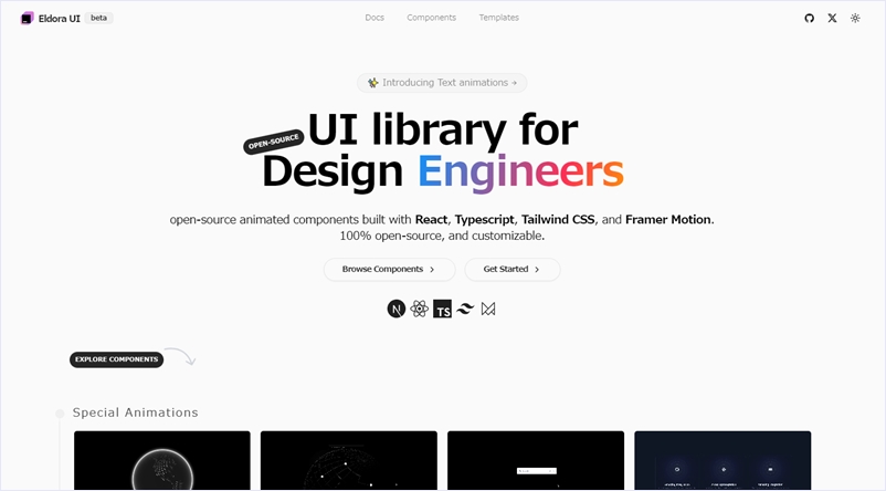 React、Tailwind、Framer Motionで構築されたオープンソースのアニメーションコンポーネント・「Eldora UI」