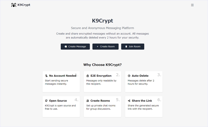 アカウント不要で匿名の暗号化されたメッセージを共有できるOSS・「K9Crypt」