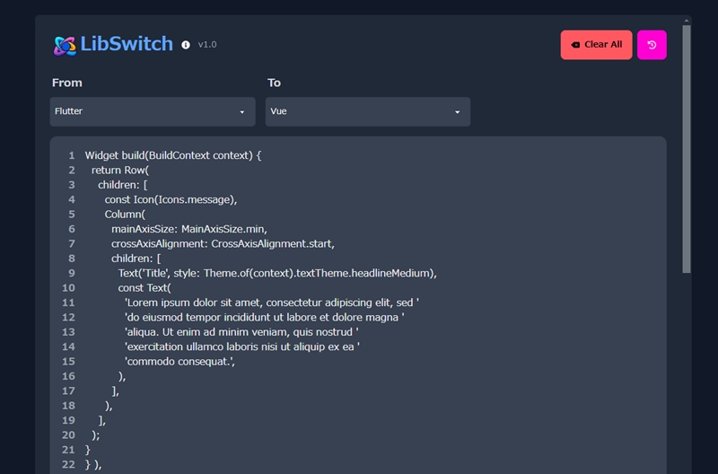 FlutterやReact、Vue、Svelteなどがサポートされた、生成AIによるOSSコードスニペット変換アプリ・「LibSwitch」