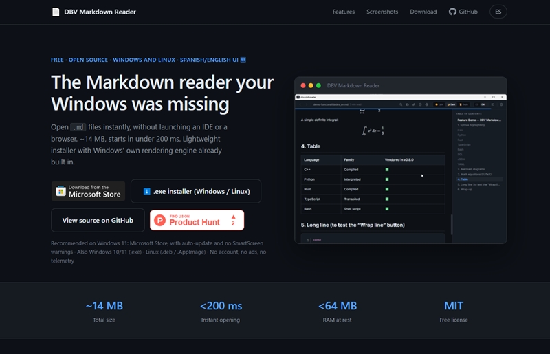 軽量でクロスプラットフォーム対応の使いやすいオープンソースMarkdownリーダー・「DBV Markdown Reader」