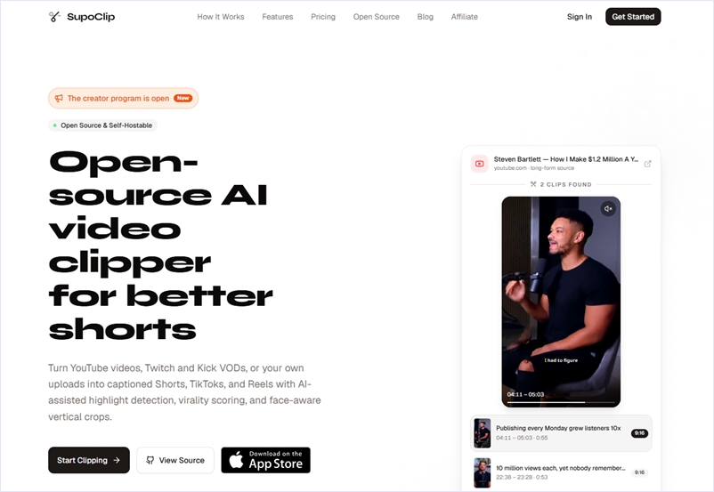 OpusClip代替として開発された、ショート動画の作成をサポートするオープンソースのAI動画編集アプリ・「SupoClip」